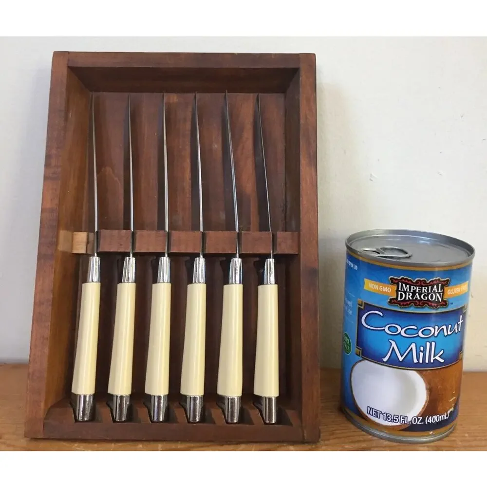 Vtg Carvel Hall Mid Century Stainless Cream Handle 6 Steak Knife Set Wood Case